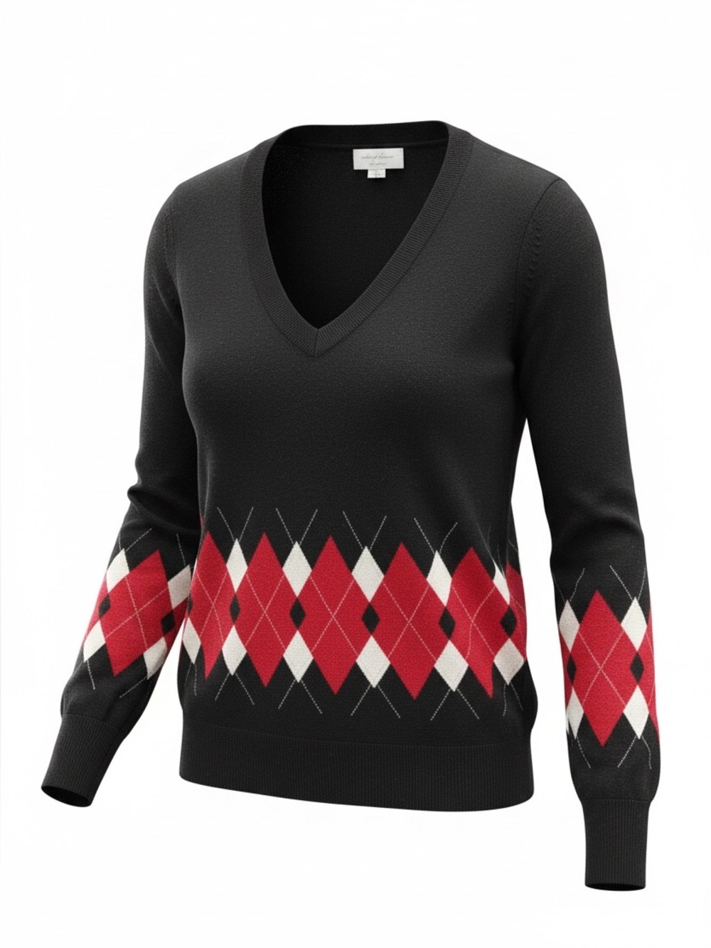 Adam Lippes Black V-Neck Sweater with Red and White Argyle Size M